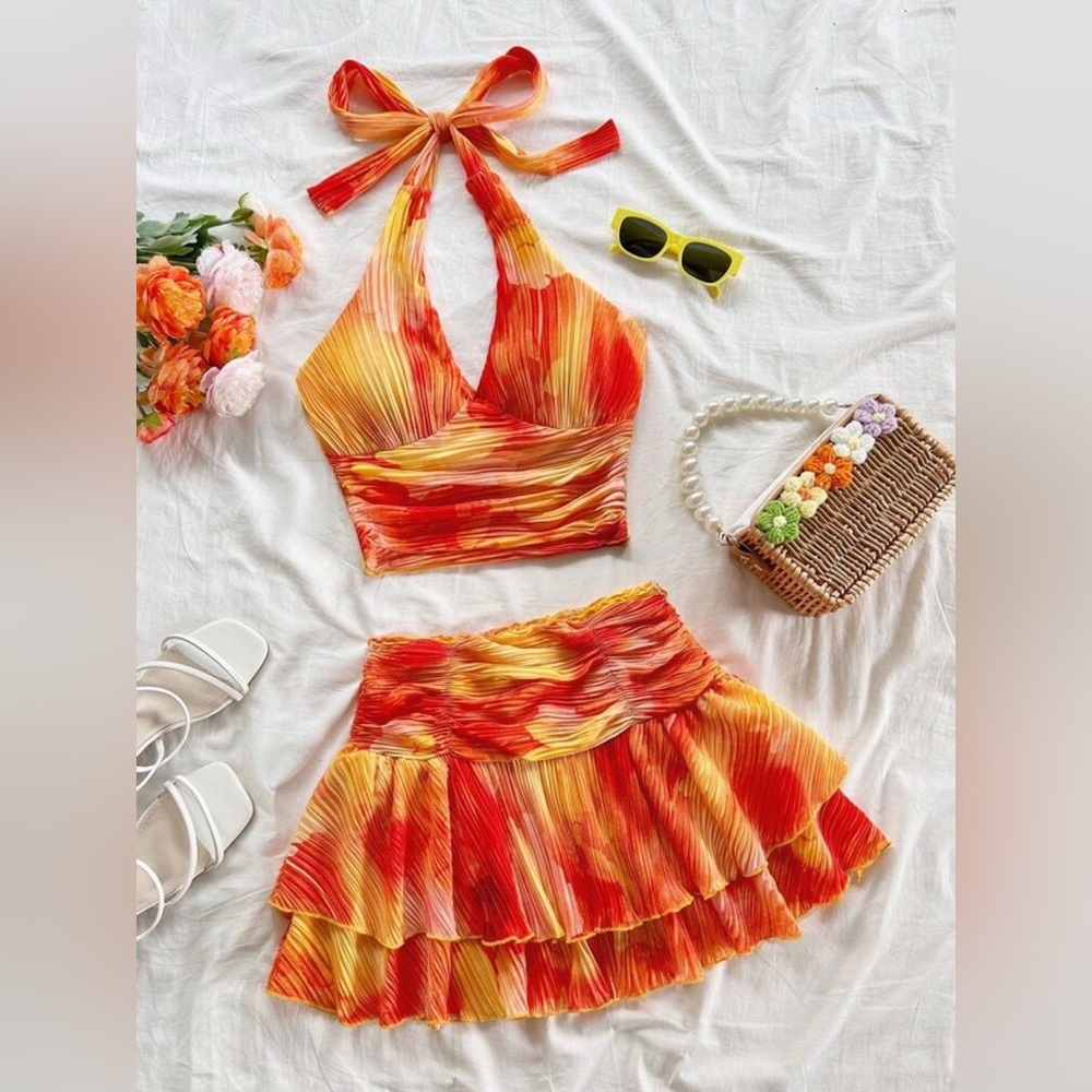 Women's Sunset Ombre Gradient Print Pleated Fabric Halter Neck